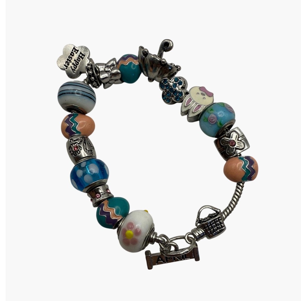 Easter Charm Bracelet Silver Tone Glass Beads Bunny Umbrella April Blue Pink 8"